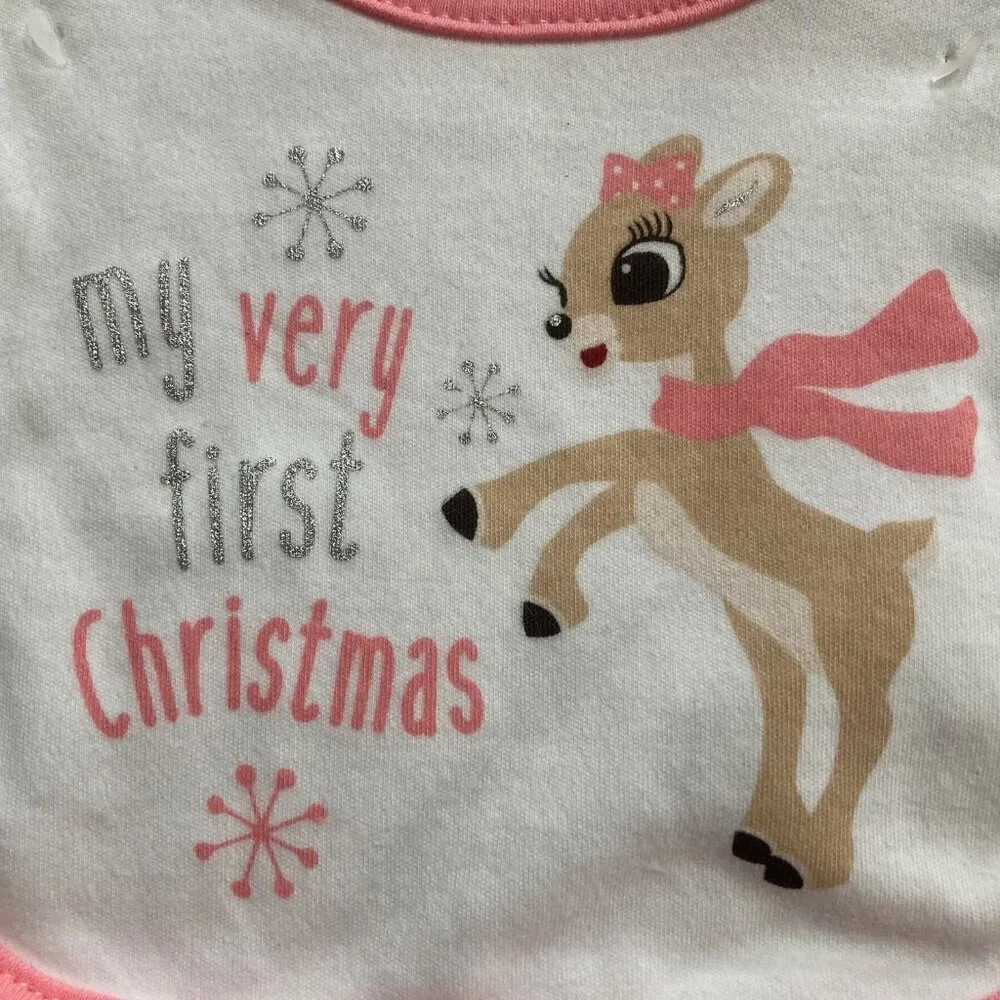 Rudolph Pink Trim 'My Very First Christmas' Baby Bib & Sock Set
